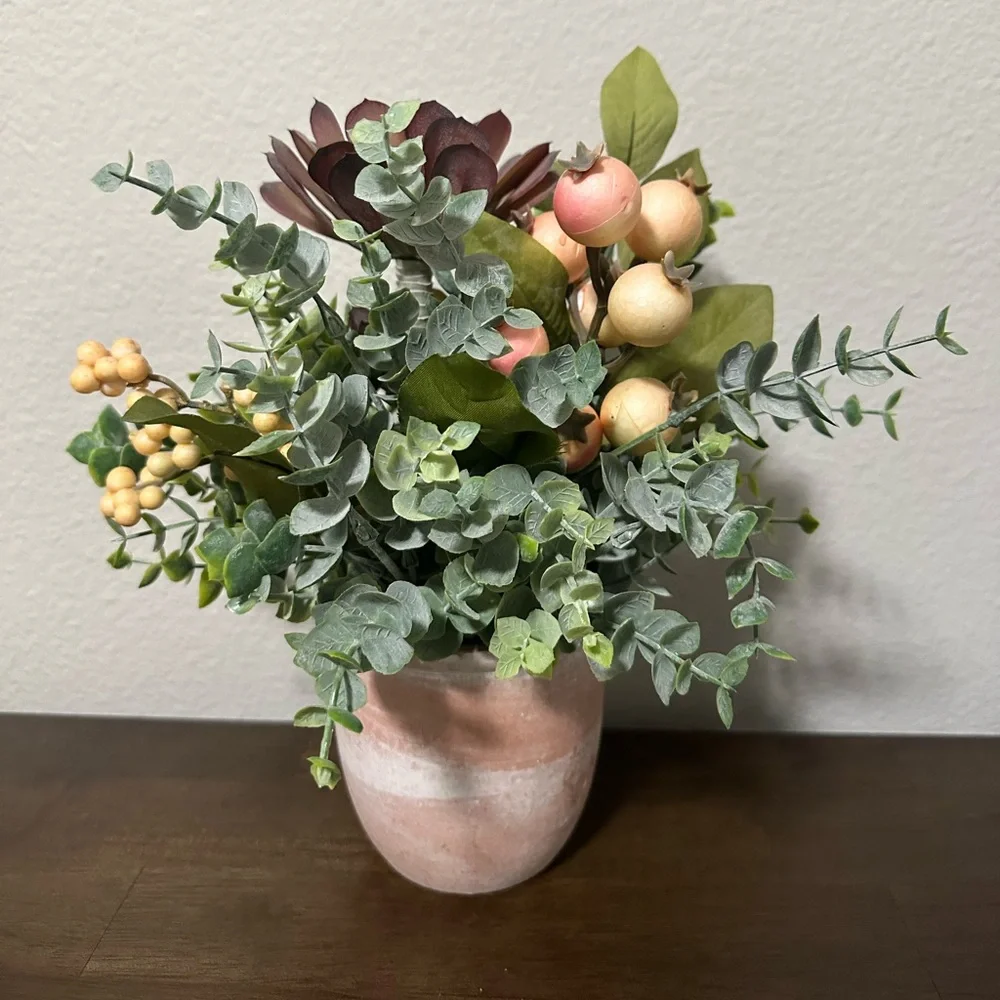 Elegant Faux Floral Arrangement in Terra Cotta style Vase